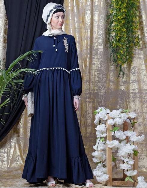 Modest Balloon Sleeve Pom Pom Lace Bohemian Abaya Navy Blue